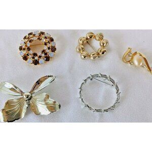 Vintage Brooch Pins Mixed Lot of 5 Silver and Gold Tone Assorted Sizes